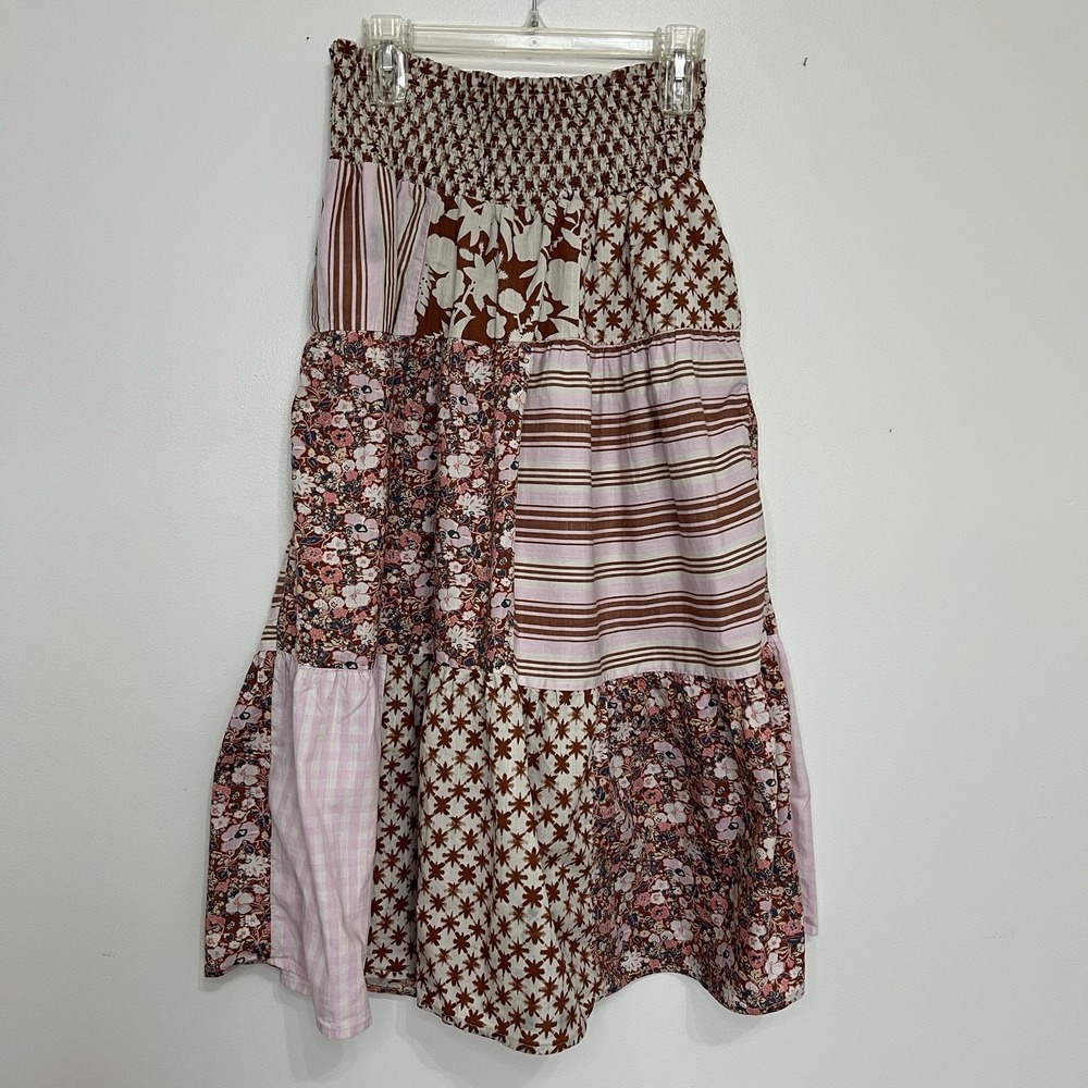 Patchwork Tiered Maxi Skirt Women's L Boho Peasant Prairie Cottage Core Flowy